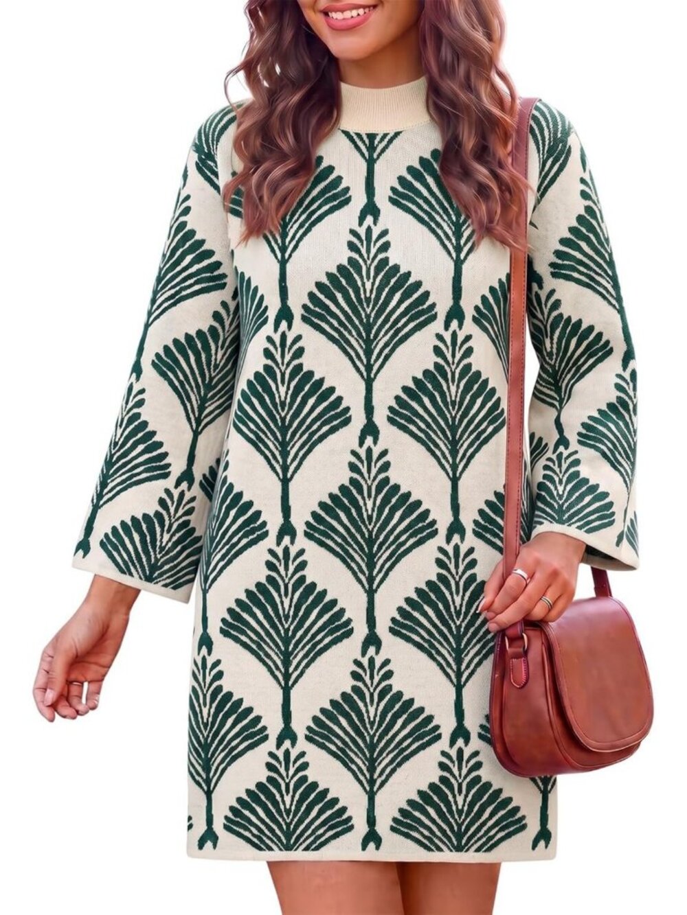 Chic Floral Knit Mini Sweater Dress with Mock Neck & Bell Sleeves for Women